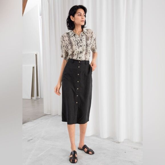 & OTHER STORIES Lyocell Linen Blend Pencil Button Front Midi Skirt Black Size 2 - Picture 2 of 11